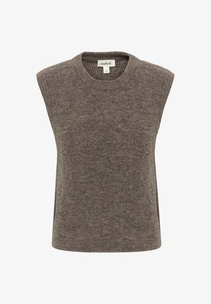 Ärmelloser Pullover aus weichem braunem Strickmaterial. Verfügt über einen runden Ausschnitt, eine lockere Passform und eine dezente Textur.
