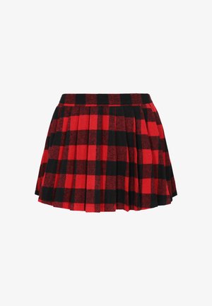 Fustă pliată în carouri roșii și negre, cu talie ajustată, realizată dintr-un material texturat, care prezintă un model clasic în carouri.
