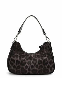 Must ja hall leopardimustriga käekott kõverate joontega, õhuke must rihm, hõbedased detailid ja tõmblukk. Pehme tekstuur, struktureeritud disain.