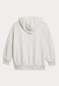 Sudadera gris de material suave, con capucha, puños y cinturilla elásticos. Textura lisa con un corte relajado y mangas holgadas.
