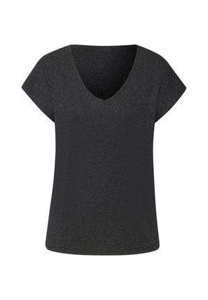 Schwarzes T-Shirt mit kurzen Ärmeln und V-Ausschnitt, aus strukturiertem Stoff mit einem subtilen Schimmer. Der lockere Schnitt sorgt für Komfort und Bewegungsfreiheit.
