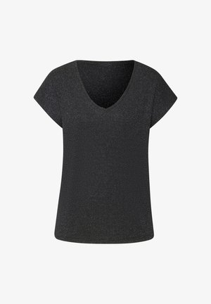Zwarte short-sleeve top met een V-hals, gemaakt van een gestructureerde stof met een subtiele glans. De relaxte pasvorm verhoogt het comfort en het gemak van beweging.
