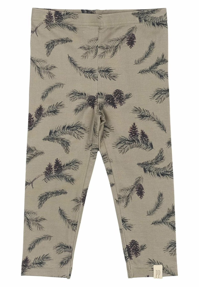 Leggings od svijetlosmeđeg materijala s uzorkom tamnozelenih grana i šišarki. Mekani materijal s elastičnom gumicom u struku i etiketom.