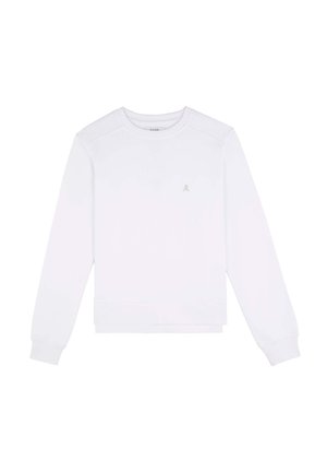Sweat-shirt blanc à manches longues, col rond, avec des poignets et un ourlet côtelés, présentant un petit motif doré sur la poitrine gauche, fabriqué en tissu doux.