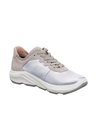 Szare i białe sneakersy z gładkiej skóry i zamszu, okrągłym noskiem, teksturowanym pudełkiem na palce oraz wyściełaną białą podeszwą.