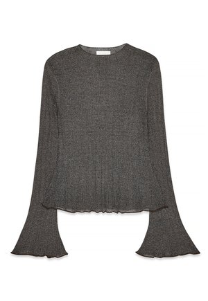 Hallipäevane hall ribadega kampsun, millel on sobiv keha ja laienevad varrukad. Tootel on laineline äär ja kangas omab peent sära.