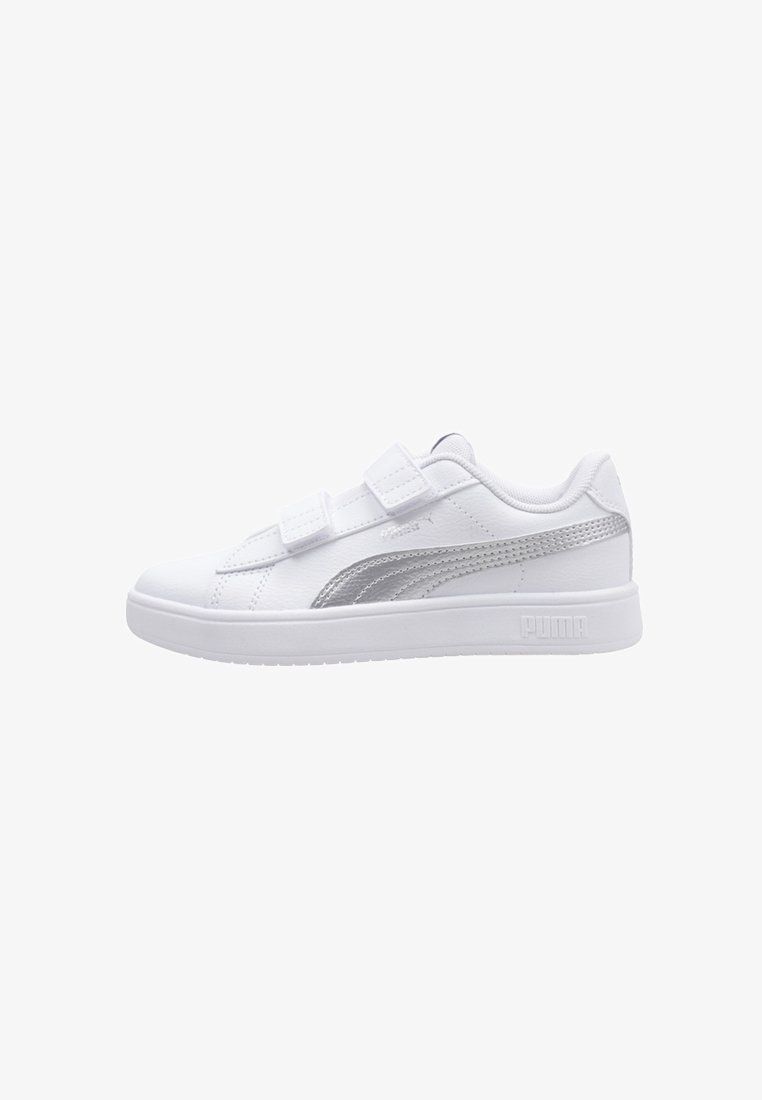 White sneakers with a smooth leather finish, silver accents, and two adjustable Velcro straps. Features a structured sole and logo detailing.