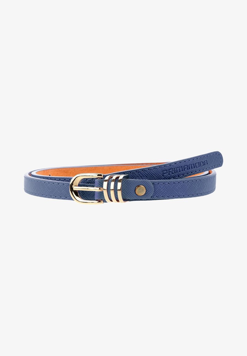 Ceinture fine en cuir bleu texturé avec boucle dorée et trois passants dorés, enroulée à plat sur fond blanc.