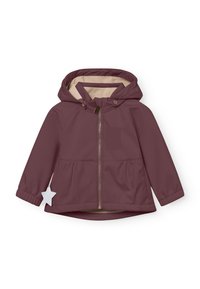 Veste à capuche bordeaux avec une fermeture éclair dorée, des poignets élastiques et un design peplum. Intérieur doublé et étiquette en forme d'étoile sur le côté gauche.