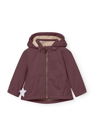 Bordeaux hættejakke med en gul lynlås, elastiske manchetter og peplum-design. Foret indvendigt og stjernesyning på venstre side.