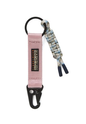 Keychain with a black metal ring, pink fabric strap labeled Napapijri Geographic, black clip, and blue-gray braided cord attached.