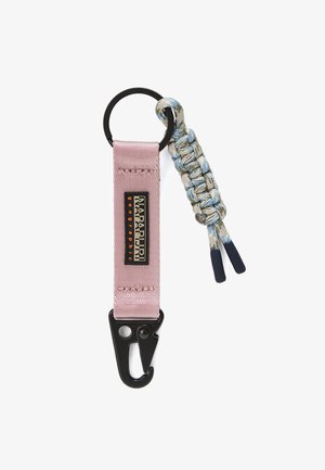 Keychain with a black metal ring, pink fabric strap labeled Napapijri Geographic, black clip, and blue-gray braided cord attached.