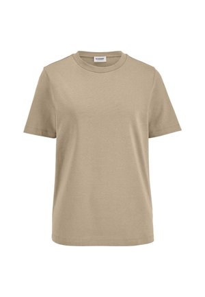 Beige T-shirt van katoen met korte mouwen en ronde hals, visible naden, getoond op een witte achtergrond.