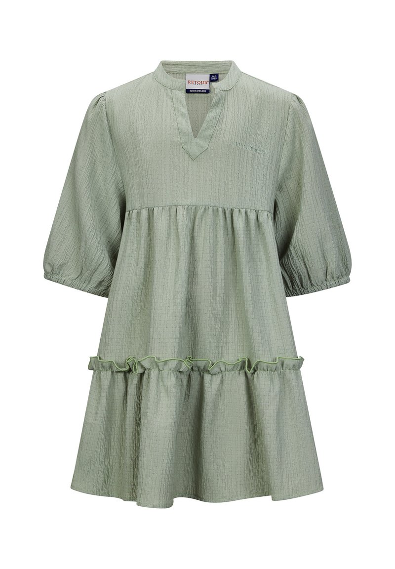 Hellgrünes Kleid aus strukturiertem Stoff, mit kurzen Puffärmeln, einem V-Ausschnitt und einem Rüschensaum. Verfügt über ein gestuftes Design und einen weichen Fall.