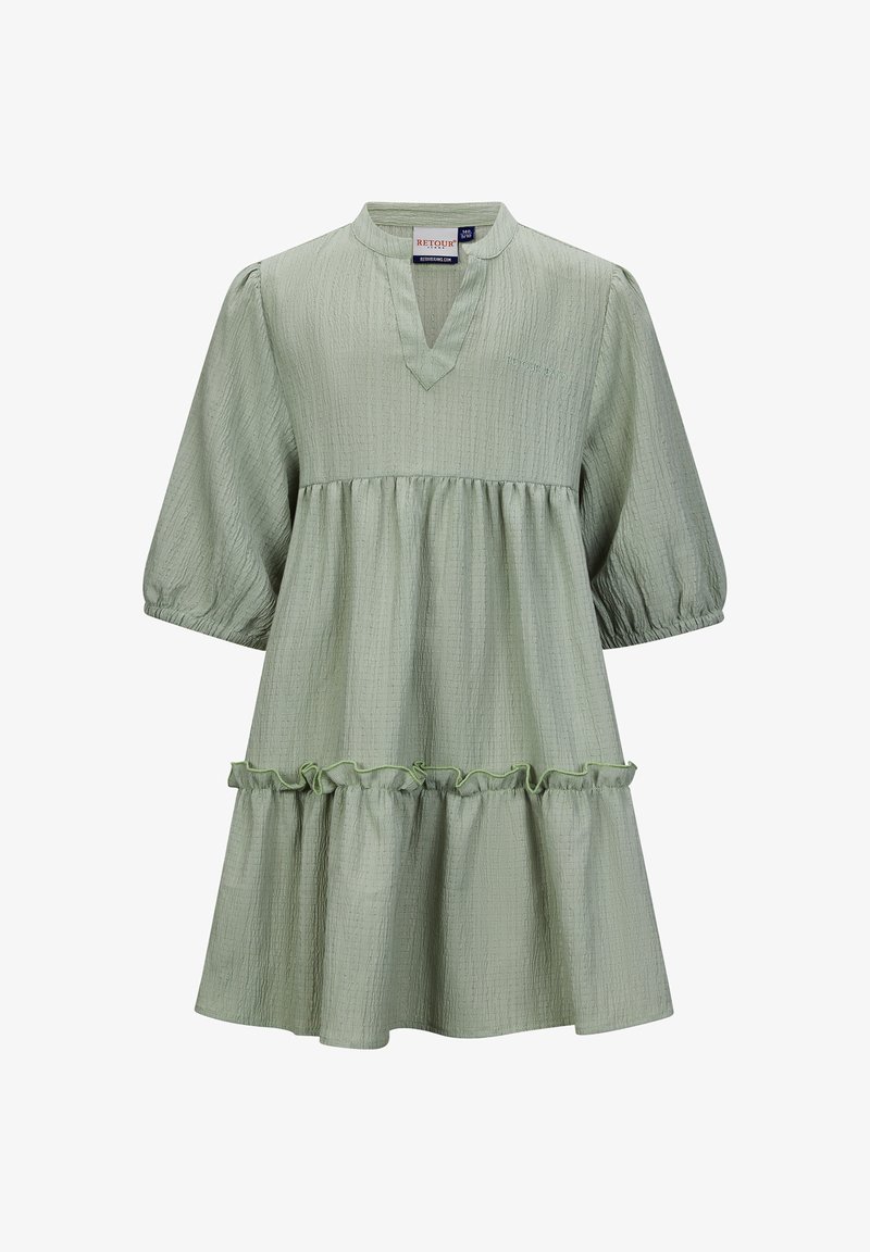 Hellgrünes Kleid aus strukturiertem Stoff, mit kurzen Puffärmeln, einem V-Ausschnitt und einem Rüschensaum. Verfügt über ein gestuftes Design und einen weichen Fall.