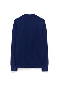 Granatowy sweter dzianinowy z kołnierzykiem, długimi rękawami i ściągaczami, o gładkiej fakturze i prostym wykończeniu dolnym.