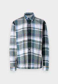 Flannel shirt in green, blue, and white plaid pattern. Features a button front, standard collar, and long sleeves with rounded cuffs.