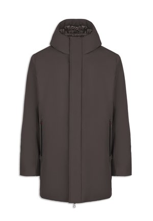 Hnedá nepremokavá bunda s vysokým golierom, celoprepínacím predným zipsom a dvoma bočnými vreckami. Má hladkú textúru a minimalistický dizajn.