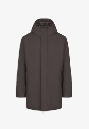 Bruine waterdichte jas met een hoge kraag, volledige ritssluiting aan de voorkant en twee zijzakken. Beschikt over een soepele textuur en een minimalistisch ontwerp.