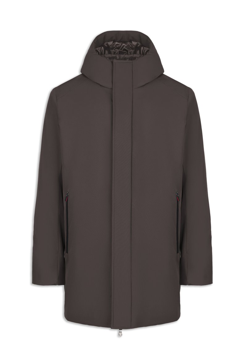 Brun vattentät jacka med hög krage, full dragkedja framtill och två sidsfickor. Har en slät yta och en minimalistisk design.