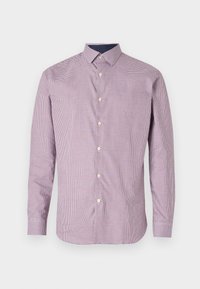 Long-sleeve button-up shirt with a red and white checkered pattern, cotton material, classic collar, and white buttons.