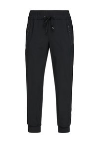 Black jogger pants with an elastic waistband, drawstring closure, and two zippered side pockets. Tapered ankles with elastic cuffs.
