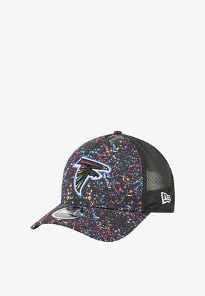 Black cap with a splatter pattern in vibrant colors. Features mesh panels and embroidered logo on the front. Curved bill design.