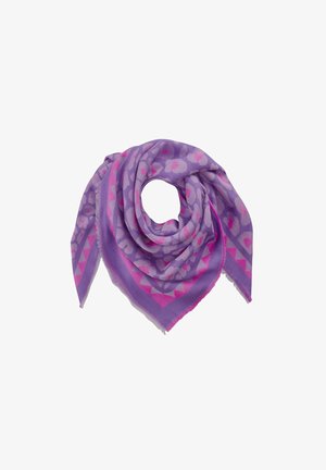 Paarse sjaal met een luipaardprint en een roze geometrische rand, gemaakt van zachte stof met een subtiele textuur en franjes.