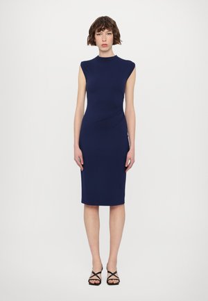 Navy blue fitted dress with a high neckline, short sleeves, and a smooth texture, complemented by a knee-length cut.