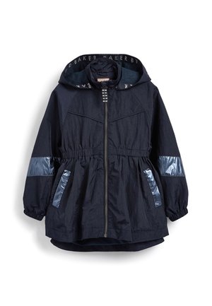 Marineblaue Kapuzenjacke mit Frontreißverschluss, elastischen Bündchen, tailliertem Schnitt und glänzenden Stoffakzenten an Taschen und Ärmeln.