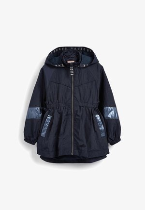 Navy blue hooded jacket with front zipper, elastic cuffs, cinched waist, and shiny fabric accents on pockets and sleeves.