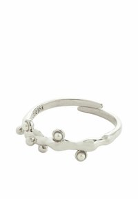 Silver cuff ring with a wavy design, featuring three spherical accents. Smooth surface with polished texture. Adjustable fit.