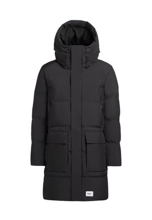 Black puffer coat featuring a high collar, front zipper, drawstring hood, and large pockets. Textured fabric with a smooth finish.