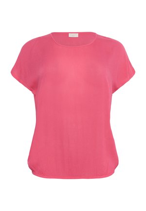 Haut rose à manches courtes avec un col rond et une coupe ample. Fabriqué en tissu léger avec une texture lisse et un léger éclat.
