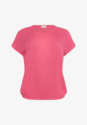 Ružičasti kratkodlaki top s okruglim izrezom i slobodnim krojem. Izrađen od laganog materijala s glatkom teksturom i suptilnim sjajem.