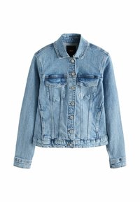 Chaqueta de mezclilla azul claro con cierre de botones en el frente, dos bolsillos en el pecho y un cuello clásico, con costuras visibles y detalles de dobladillo deshilachado.