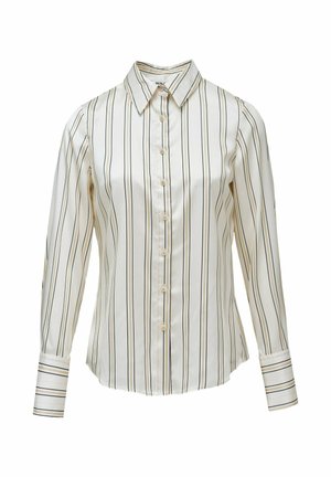 Chemise à manches longues avec col, couleur crème avec des rayures verticales bleu marine et or. Dotée d'une fermeture à boutons et de manches boutonnées. Tissu lisse et léger.