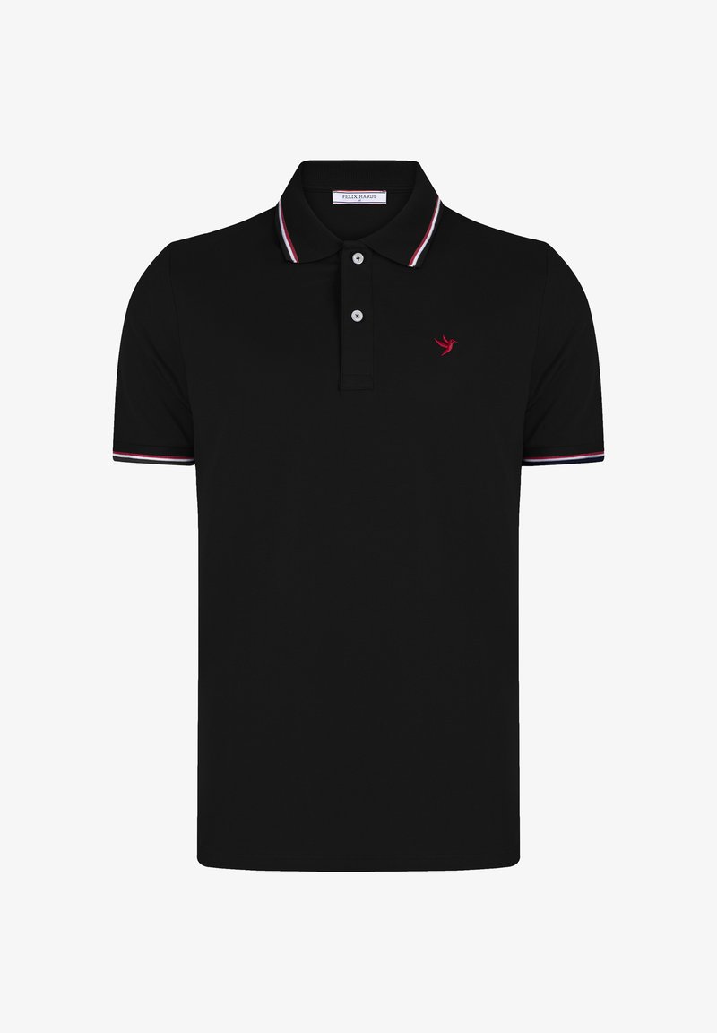 Polo noir à manches courtes avec bordure blanche et rouge sur le col et les manches, deux boutons, et petit logo oiseau rouge sur la poitrine gauche.