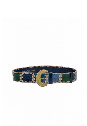 Wide leather belt with blue and green geometric pattern, tan zigzag stitching, and a round gold textured buckle.