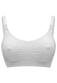 Weißer nahtloser BH mit verstellbaren Trägern, weichem Material, geformten Körbchen und ohne Unterwire. Die Vorderseite hat dezente Raffungselemente.