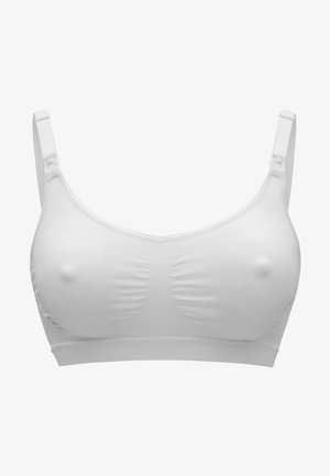 Weißer nahtloser BH mit verstellbaren Trägern, weichem Material, geformten Körbchen und ohne Unterwire. Die Vorderseite hat dezente Raffungselemente.