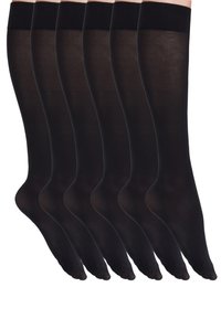 Calze nere opache alte fino al ginocchio con una texture liscia, dotate di un bordo superiore a costine. Set di sei paia disposti in fila.
