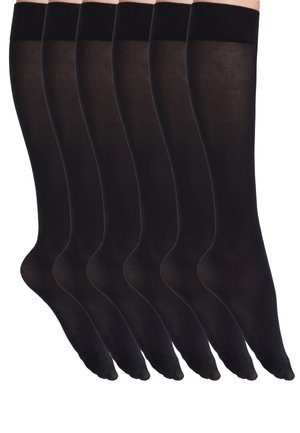 Schwarze, blickdichte knielange Socken mit glatter Textur, ausgestattet mit einem gerippten oberen Rand. Sechs Paar in einer Reihe präsentiert.