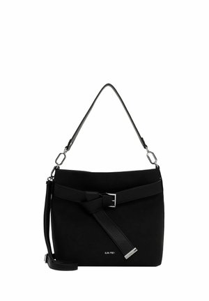Black suede handbag with a structured design, featuring a front strap and silver hardware. Includes a detachable shoulder strap.