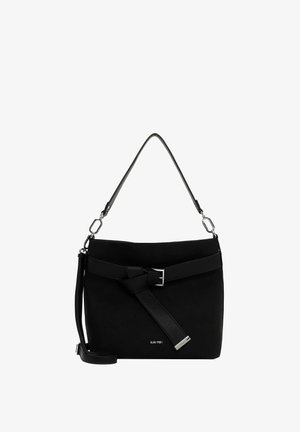 Czarna, zamszowa torebka o strukturalnym designie, z przednim paskiem i srebrnymi akcentami. Zawiera odpinany pasek na ramię.