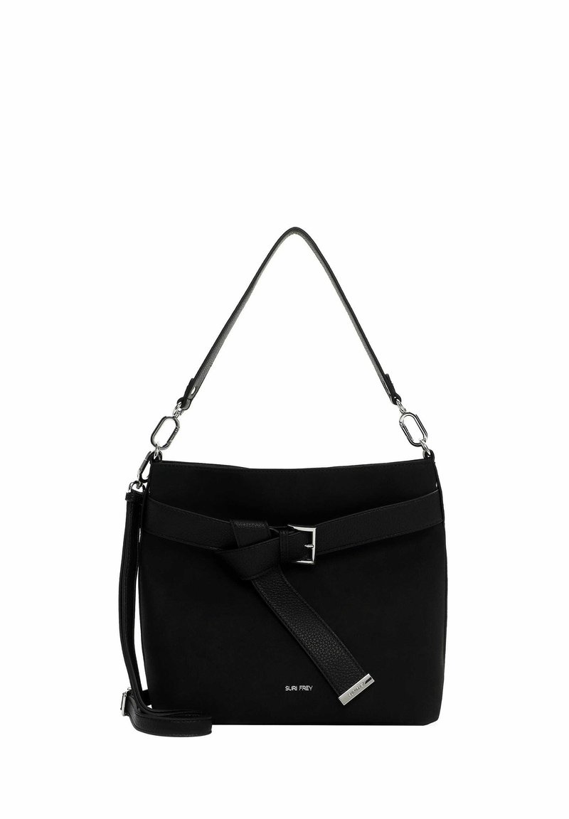 Borsa a tracolla nera in suede con un design strutturato, dotata di una cinturino frontale e hardware in argento. Include una tracolla rimovibile.