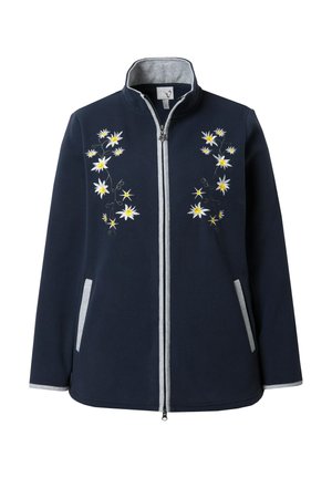 Marineblaue Fleecejacke mit grauen Akzenten, ausgestattet mit floraler Stickerei aus weißen und gelben Blumen auf der Vorderseite. Mit Reißverschluss und seitlichen Taschen.
