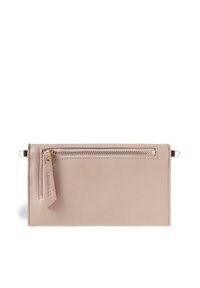 Light beige leather wallet with a textured finish, featuring a zippered pocket, logo detail, and silver-toned hardware accents.