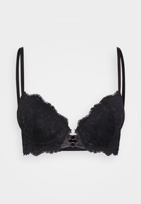 Schwarzer Spitzen-BH mit gewellten Kanten, doppelten dünnen Schulterträgern und dekorativen Ringen in der vorderen Mitte.