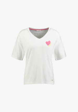 Weißes V-Ausschnitt T-Shirt mit kurzen Ärmeln und kleinem pinkfarbenem Herz-Design mit gelbem Text "More Hope" auf der linken Brust.